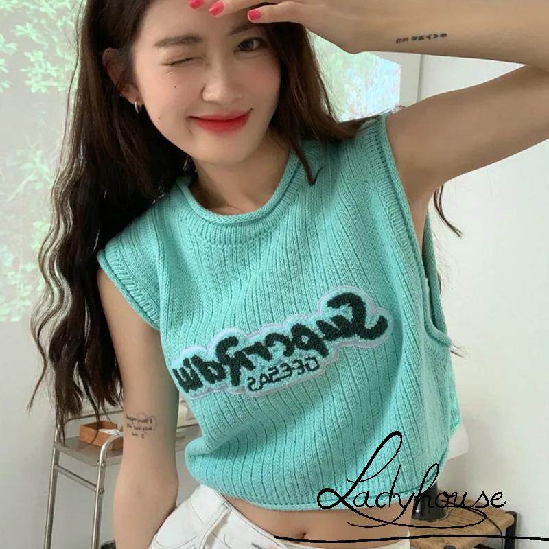 Áo Croptop Sát Nách Cổ Tròn In Chữ Thời Trang Mùa Hè Cho Nữ