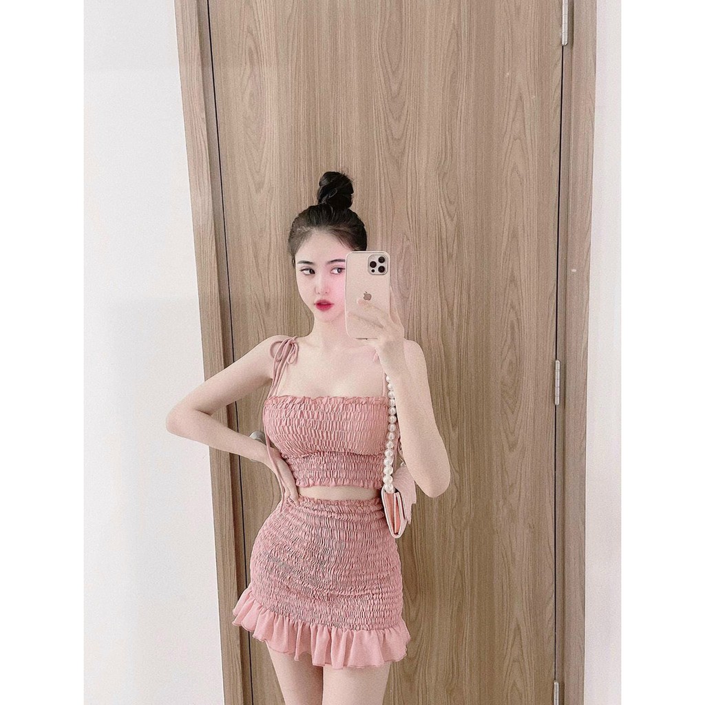 Set Áo Ống Và Váy Nhún💥𝑭𝑹𝑬𝑬𝑺𝑯𝑰𝑷💥Set Áo Kiểu Chất Voan Mềm Mịn Váy May Kèm Quần Bên Trong,LY STORE