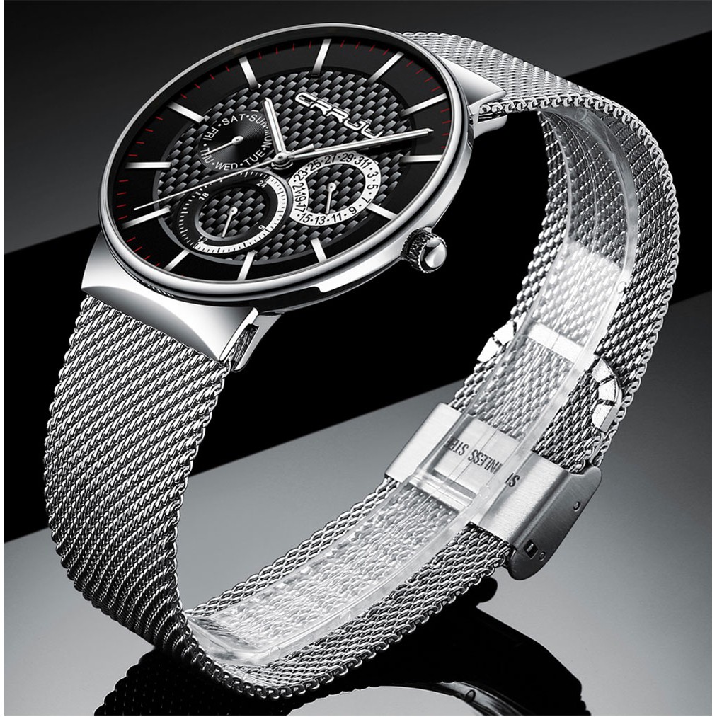 Đồng hồ đeo tay thạch anh CRRJU 2153 siêu mỏng chống thấm nước vói dây thép thời trang sang trọng cho nam