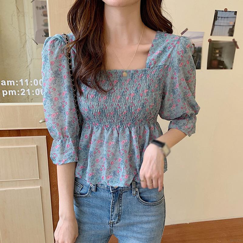 Áo Kiểu Chiffon Tay Ngắn Cổ Vuông Họa Tiết Hoa Phong Cách Cổ Điển Hàn Quốc