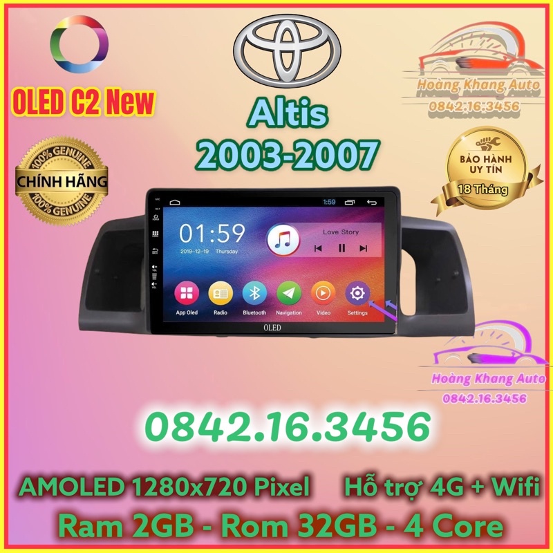 Màn hình Android OLED C2 New theo xe Altis 2003 - 2007, 9 inch Kèm dưỡng và jack nguồn zin theo xe
