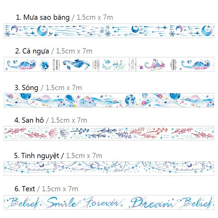 Băng dính washi tape Đại dương sao trang trí planner, scrapbook, thiệp