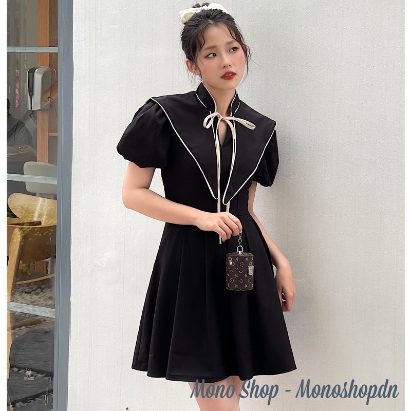 Đầm xếp ly tay bồng vạt cổ cột nơ Ảnh thật/ sẵn