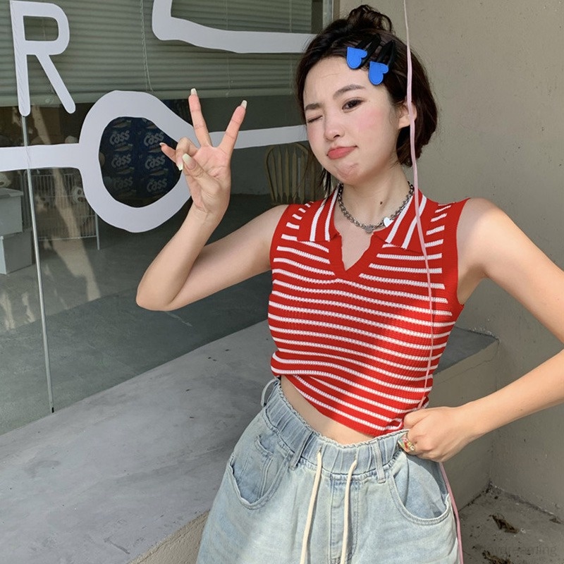 Áo Croptop Dệt Kim Sát Nách Cổ Bẻ Thời Trang Cho Nữ
