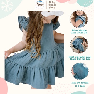 [Maruhouse]Váy Đầm Muslin Zara Xanh Navy Đuôi Cá Xếp Tầng Tông Màu Cực Sang Cho Bé Gái từ 2-6 tuổi