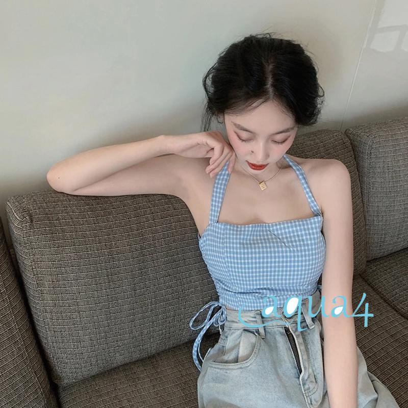 Áo Croptop Cổ Yếm Họa Tiết Kẻ Sọc Màu Xanh Dương Nhạt Phối Dây Rút Thời Trang Mùa Hè Cho Nữ