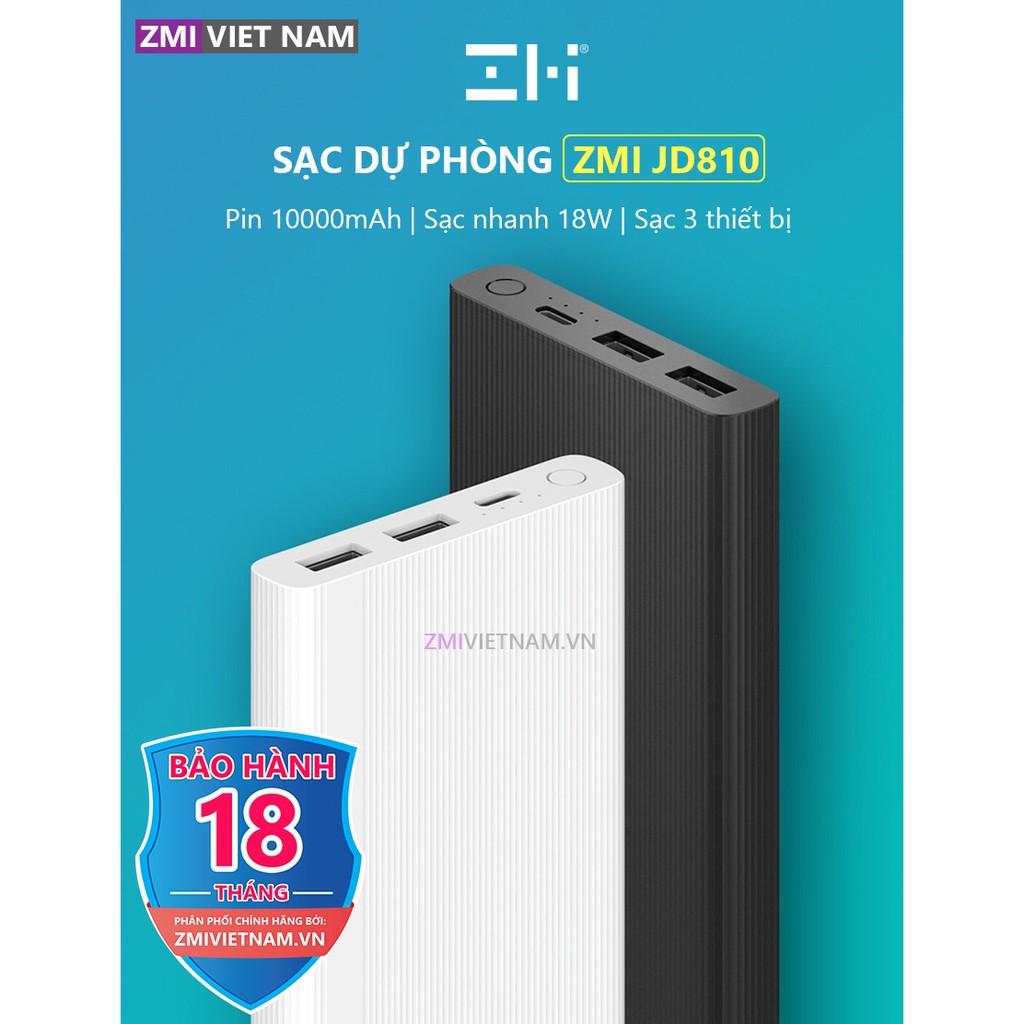 Sạc Dự Phòng ZMI JD810 10000mAh, Sạc Nhanh 18 W Chuẩn PD, 1 Cổng Type C, 2 USB A | Bảo Hành 18 Tháng