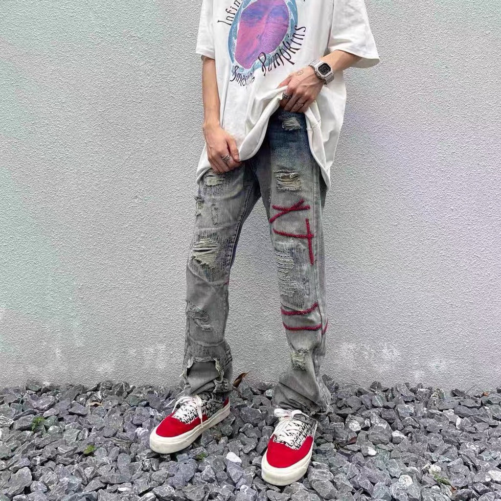 Quần jean nam nữ Unisex rách gối họa tiết thêu phong các đường phố,quần Miuzi DT115