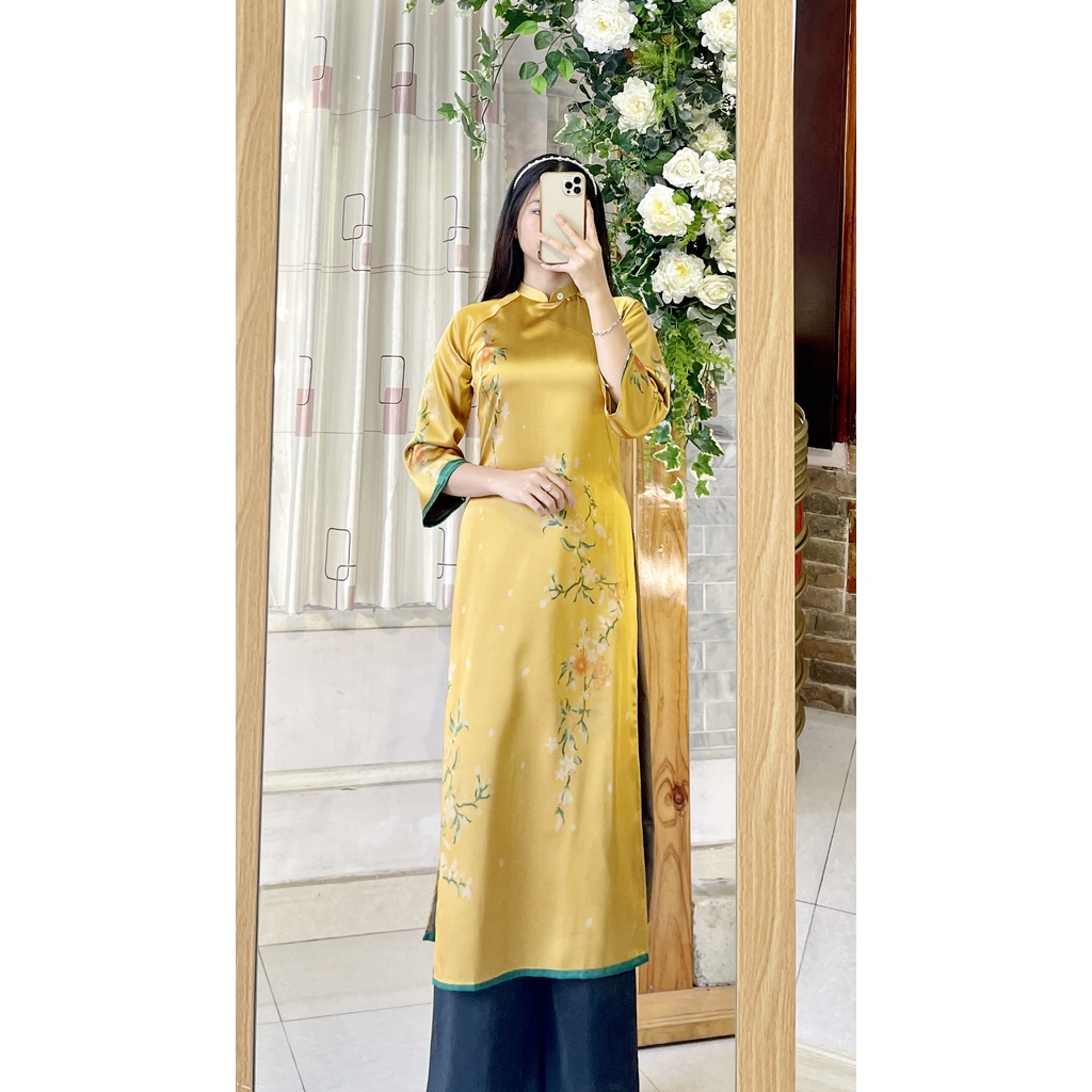 Áo dài Tết cách tân lụa TAY LOE in hoa Tết siêu xinh