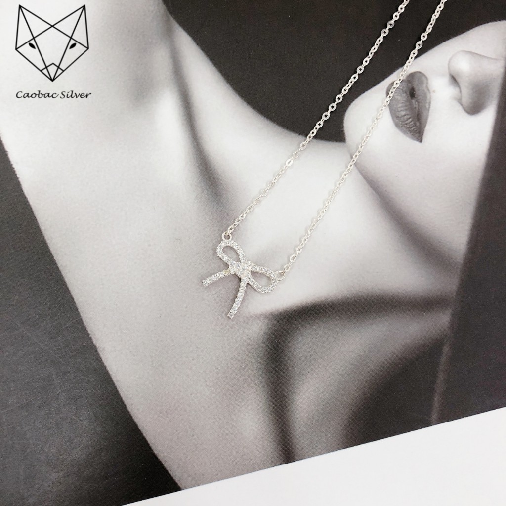 Dây Chuyền Bạc Ta S99 CaoBac Silver Mặt Nơ Đinh Đá Nhỏ Xinh Xắn Cho Nữ