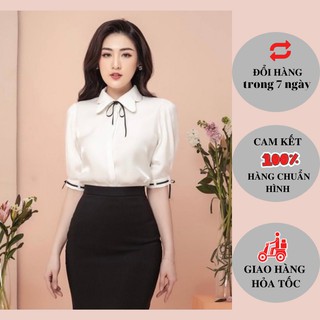 Áo sơ mi công sở vải tơ cổ bèo lượn sóng phối tay nơ
