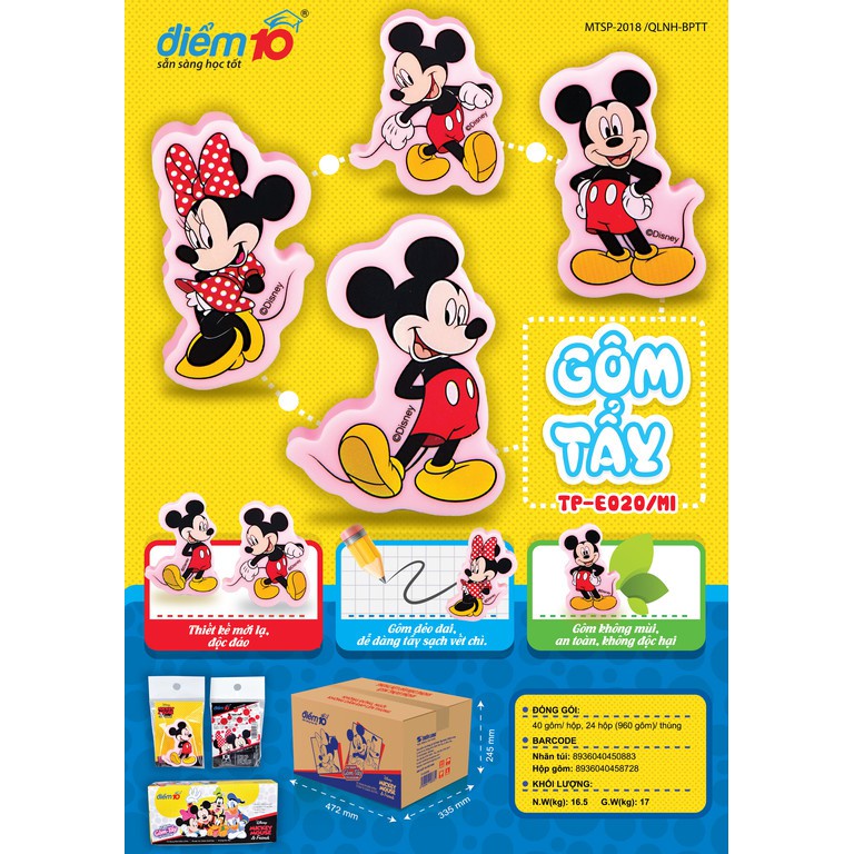 Tẩy chì Thiên Long nhiều màu TP-E020 - In hình Công chúa, Ô tô, chuột Mickey