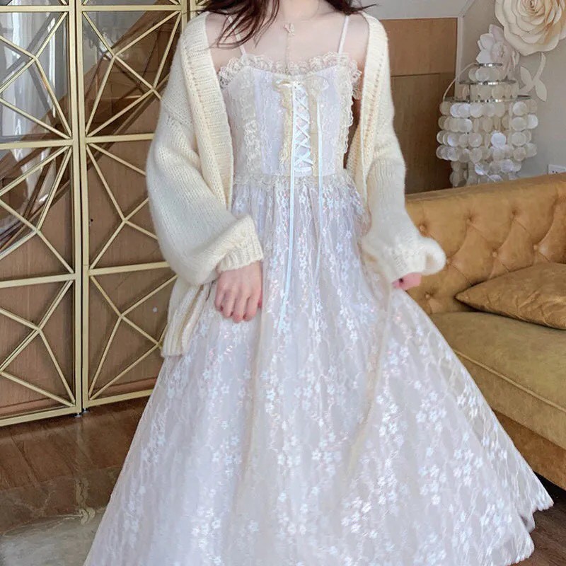 (Có Sẵn) Đầm hoa hai dây tiểu thư dáng dài phối ren ngực  (Kèm ảnh thật) | BigBuy360 - bigbuy360.vn