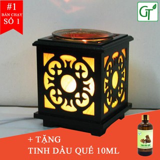 Đèn Xông Tinh Dầu 💖FREESHIP💖+ Tặng Tinh Dầu Quế Cao Cấp 10ml + Tặng Bóng Dự Phòng - Đèn Tinh Dầu Gỗ Vuông