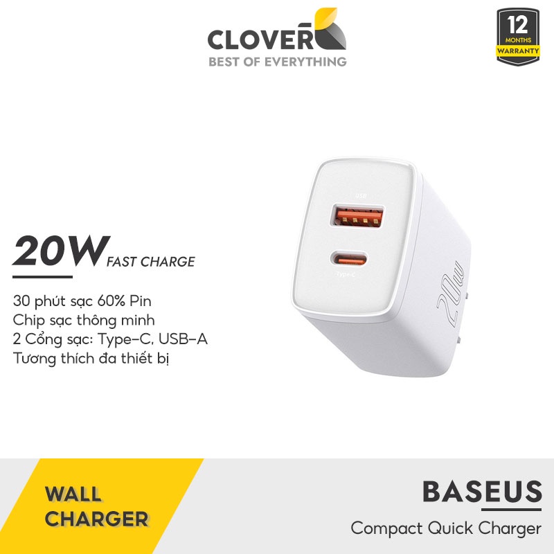 Củ Sạc Nhanh 20w Baseus Compact Quick Charger Cloverb Siêu Nhỏ Gọn Hai Cổng Sạc Cho Ip13 Pro Max 12 Pro Max 11 Pro Max