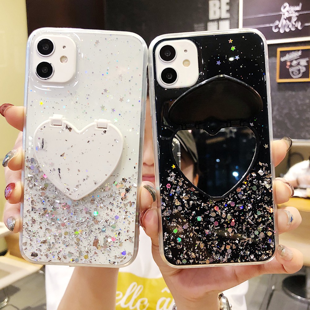 Samsung Galaxy S20 Ultra S10 S9 S8 Plus S10e S10 Lite Phone Case Cartoon Love Heart Mirror Stand Soft Full Back Cover