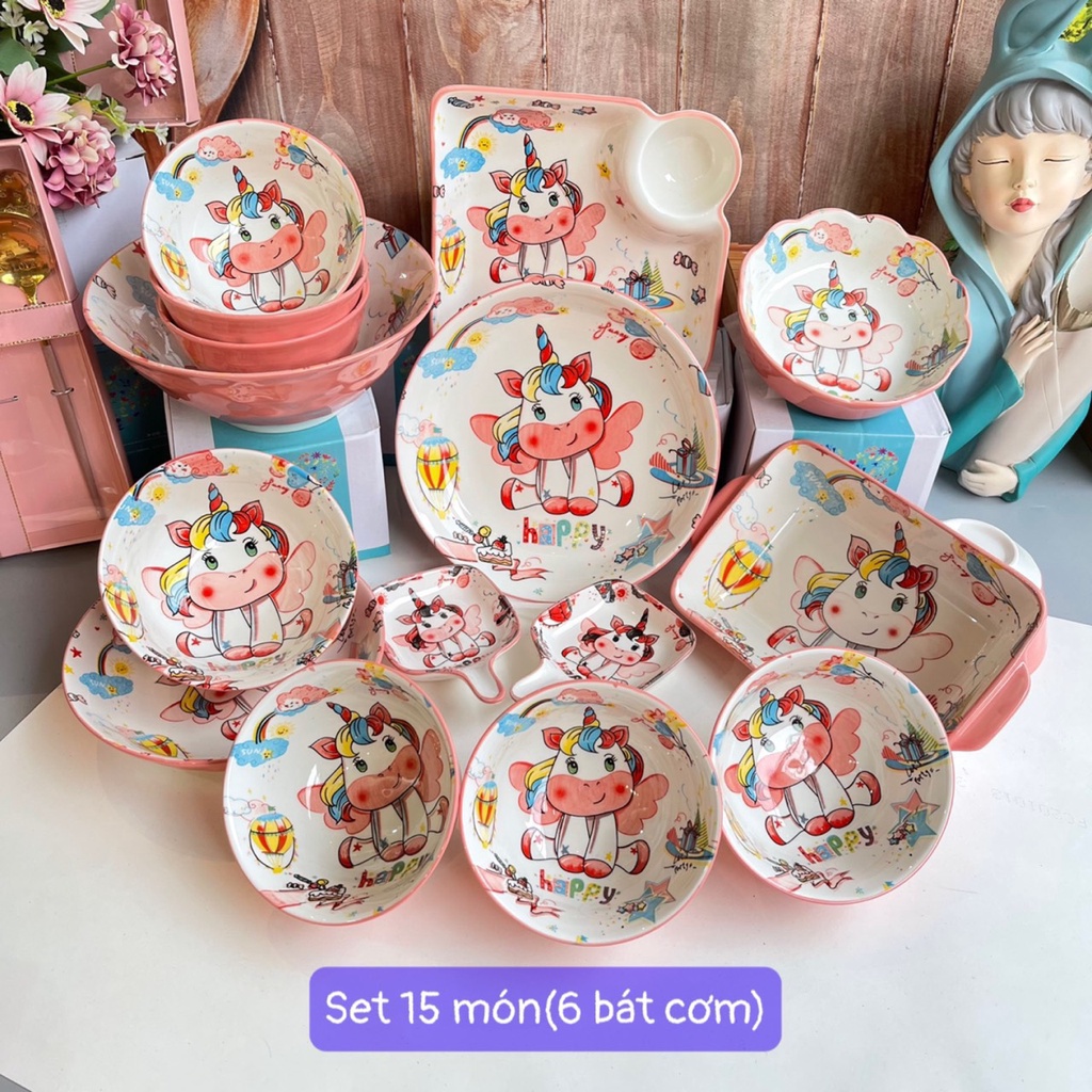 [Set] Bát Đĩa Chén Dĩa Sứ Pony Hồng Bát Ăn Cơm, Tô Sứ Decor Dễ Thương