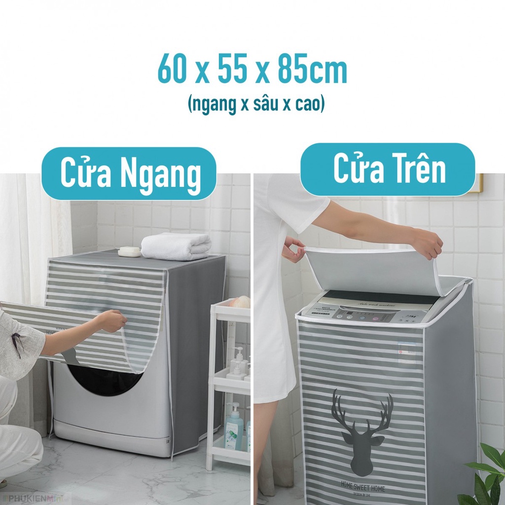 Túi trùm máy giặt PEVA cửa trước và cửa trên, có khóa kéo dẻo dai chống thấm túi trùm chống bụi bẩn, chống nước giá rẻ