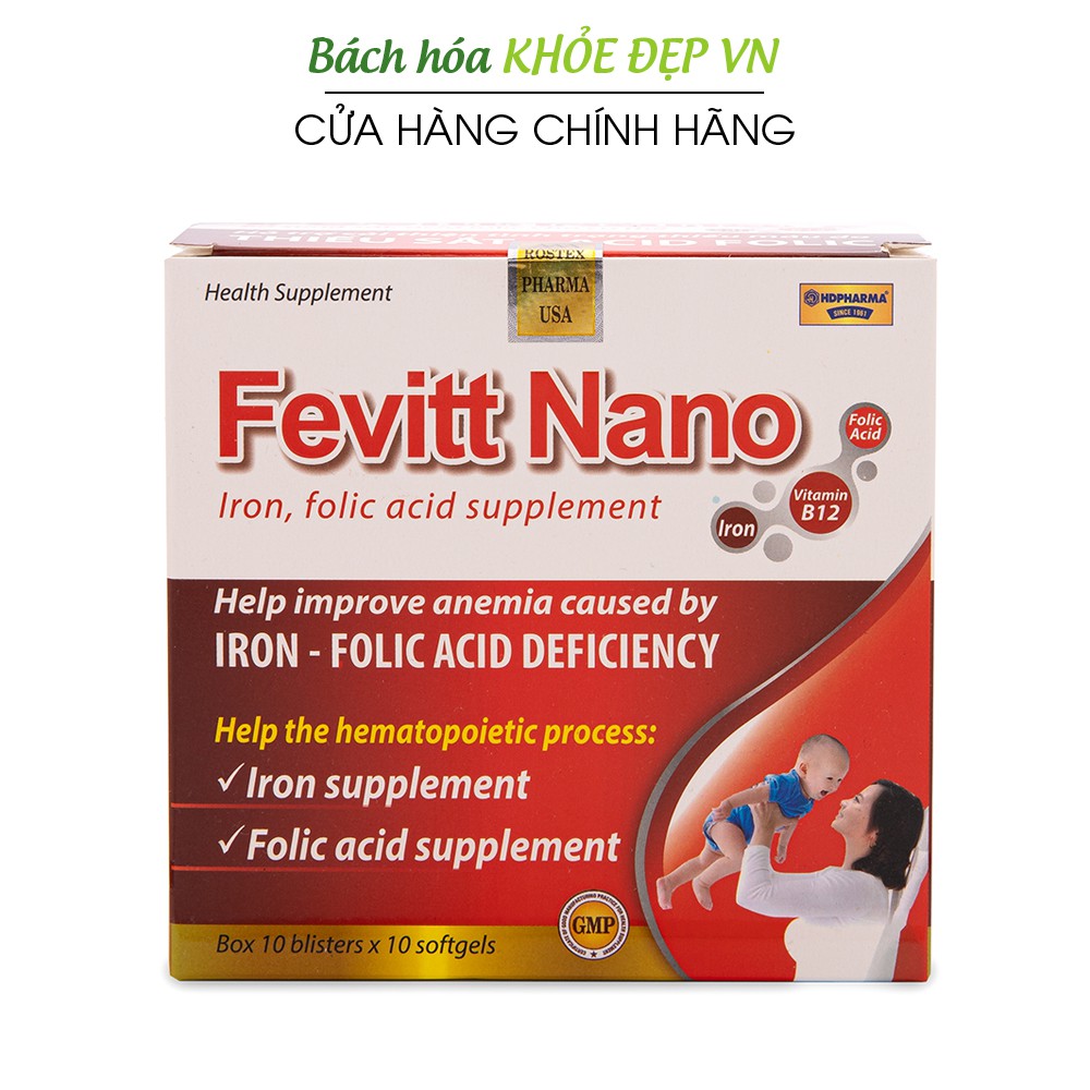 Fevitt Nano bổ máu, Sắt, Acid Folic cho người thiếu máu - Hộp 3 mắt 100 viên