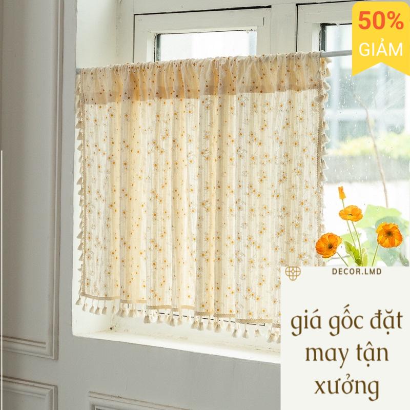 Rèm cửa, rèm che kệ bếp daisy hoa cúc viền tua rua, chống nắng cao cấp, màn vải treo tường trang trí decor phòng ngủ