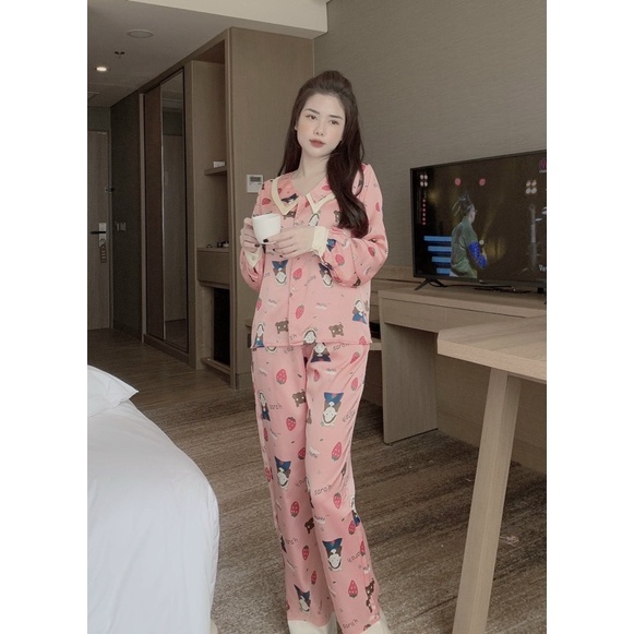 Bộ đồ Pijama Bộ Ngủ Lụa Dài Tay Cổ Nhọn xinh xắn | BigBuy360 - bigbuy360.vn