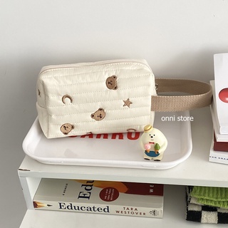 Beige Túi Đựng Mỹ Phẩm / Đồ Trang Điểm / Tiền Xu / Đồ Dùng Nhỏ Bằng Cotton Nguyên Chất Thêu Hình Gấu Ngôi Sao Dễ Thương Thông Dụng Cho Nữ