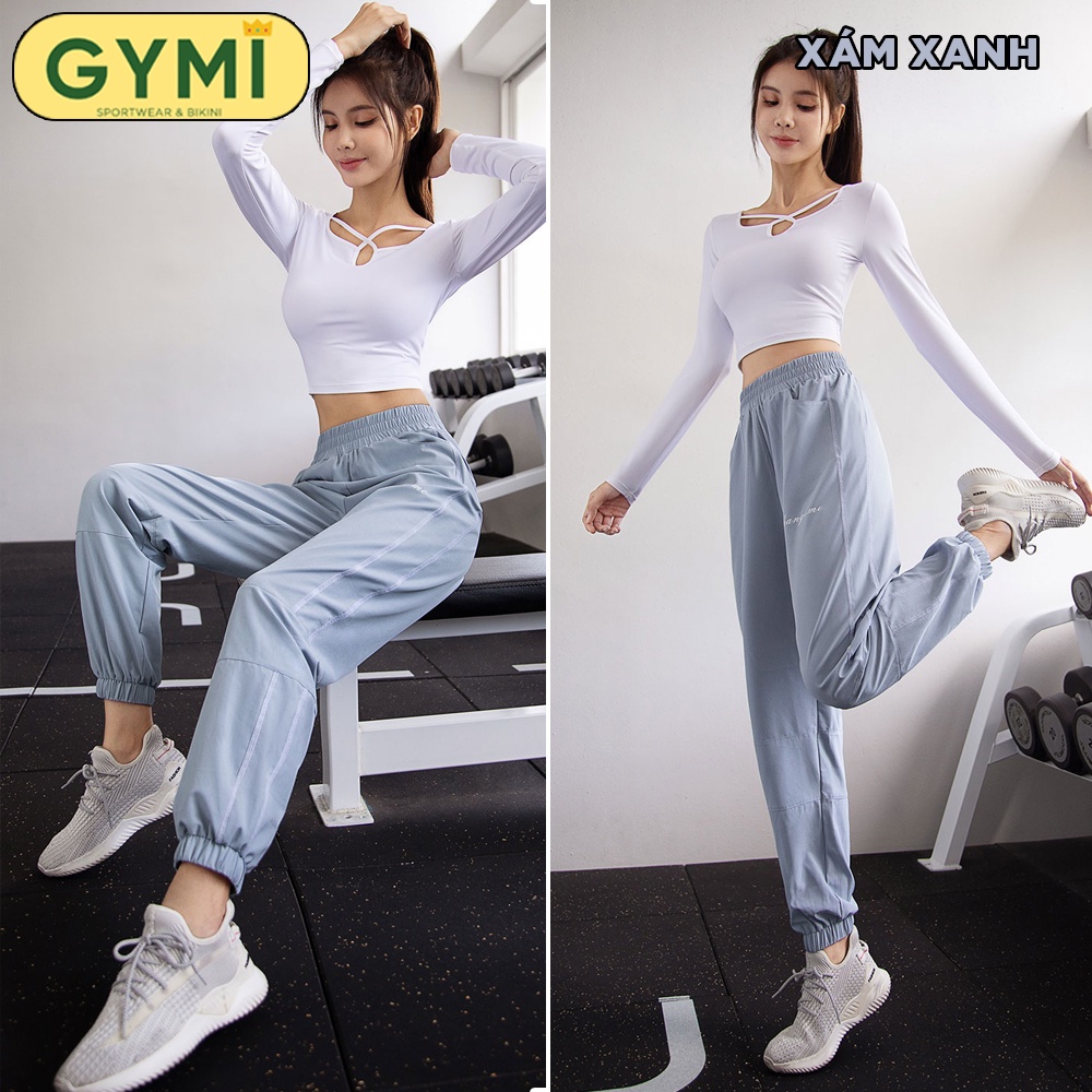 Quần jogger tập gym yoga nữ GYMI QJ08 phom rộng thể thao chất gió giấy 1 lớp mỏng mịn mát thoáng khí