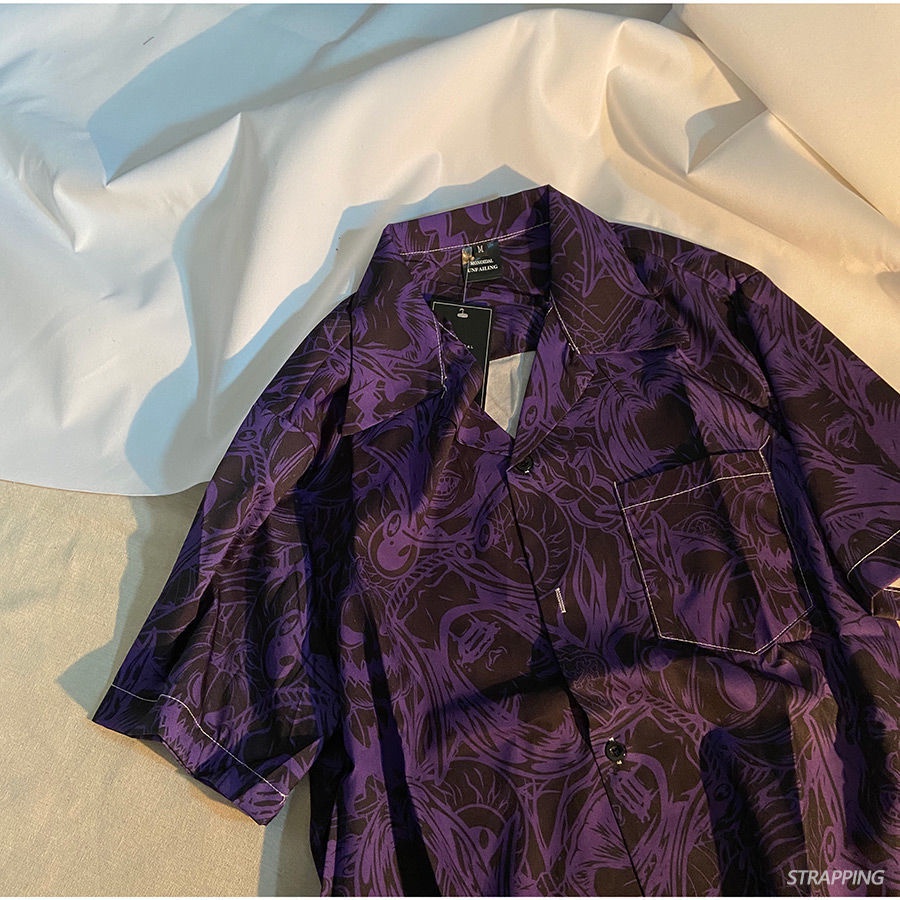 Áo Sơ Mi Tay Ngắn Màu Tím In Họa Tiết Hoa Phong Cách Nhật Bản Thời Trang Cho Nam Và Nữ