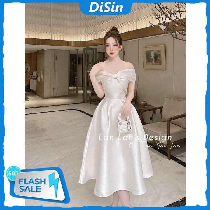 Đầm Tapta Nơ Kiểu Trễ Vai Dáng Xòe Mẫu Trơn Thích Hợp Dự Tiệc Đi Chơi