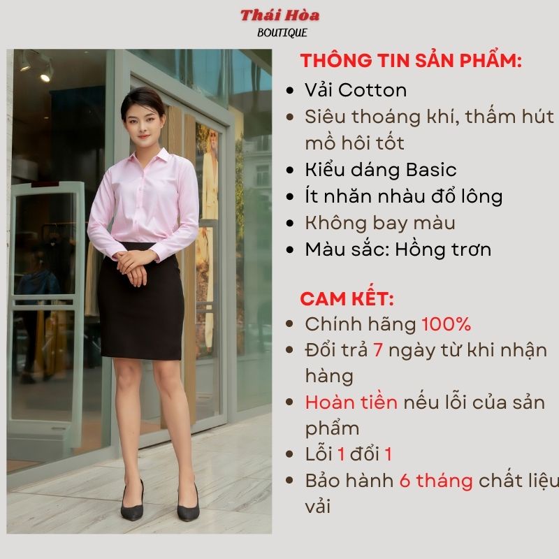Áo sơ mi nữ đẹp hồng kiểu công sở dài tay vải cotton trơn mềm mịn Thái Hoà 047-03-01