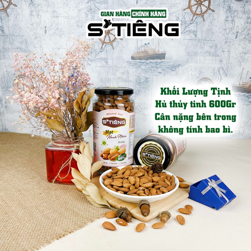 600Gr Hạt Hạnh Nhân Mỹ Sấy Chín Nguyên Vị STIENG Hủ Thủy Tinh