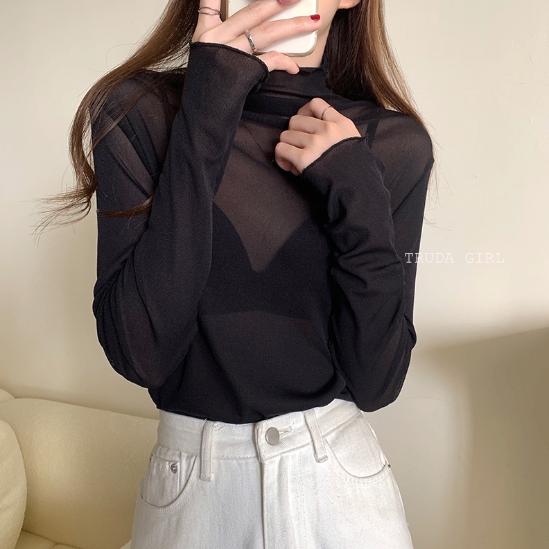 Áo cổ lọ nữ lưới thông hơi thoáng khí cực mát, phong cách sexy, quyến rũ