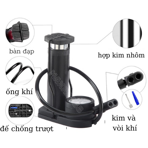 Bơm xe đạp xe máy xe hơi áp suất cao 160 PSI có đồng hồ đo áp suất gọn gàng độ bền cao