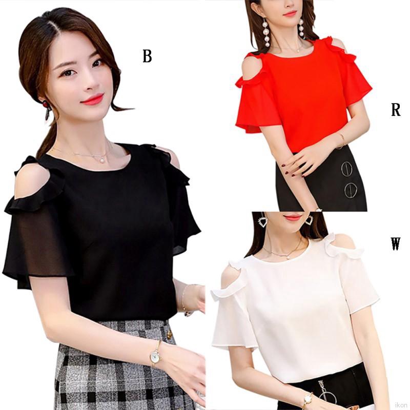 Áo kiểu tay ngắn chất chiffon thiết kế khoét vai phối bèo thanh lịch dành cho nữ