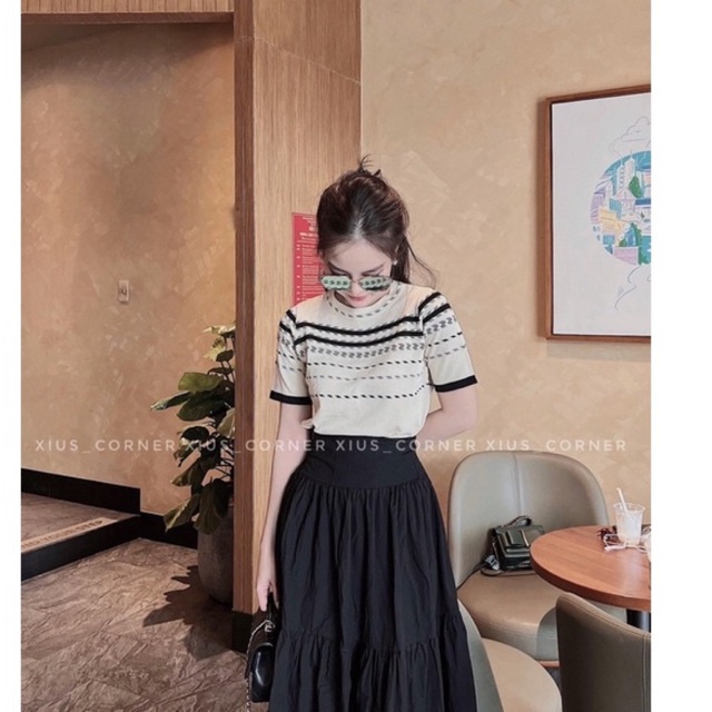 ÁO LEN KẺ ĐEN TAY CỘC CỔ TRÒN MS16772