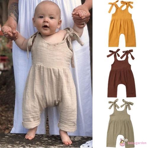 Quần yếm 2 dây cột nơ vải cotton xinh xắn cho bé gái 0-24 tháng tuổi