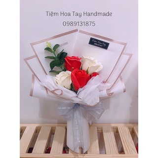 Bó hoa hồng sáp 5 bông màu đỏ kem kèm túi+thiệp làm quà tặng