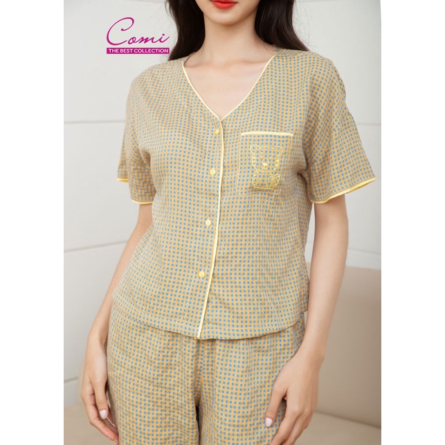 Bộ lửng nữ mặc nhà ngắn tay cài nút chất cotton kate CM514 Comi Homewear M-L-XL