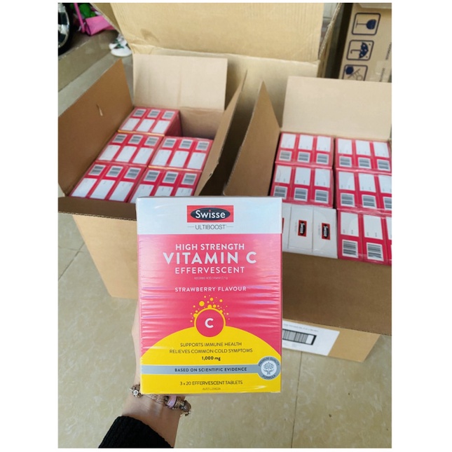 Viên sủi hương dâu Swisse High Strength Vitamin C Effervescent 1000mg hộp 60 viên bổ sung vitamin C tăng đề kháng