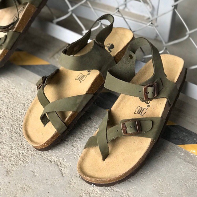 Sandal nam nữ unisex LSB07 da thật xanh rêu