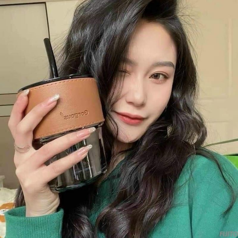CỐC THUỶ TINH BỌC DA SANG CHẢNH - KÈM ỐNG HÚT THUỶ TINH - 450ML
