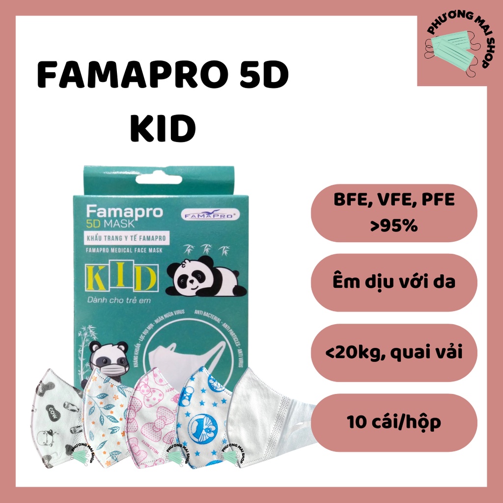 [5D KID] Khẩu Trang Y Tế Trẻ Em Kháng Khuẩn 3 lớp Famapro - Hộp 10 cái