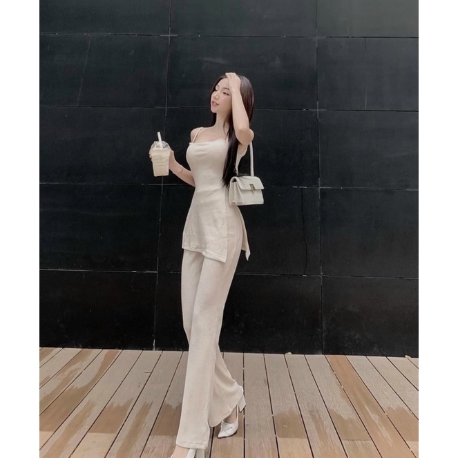 Set thun gân áo 2 dây ôm body kèm quần suông dài ống loe đen/kem nude, bộ hot girl sang trọng/chảnh quý phái tôn dáng