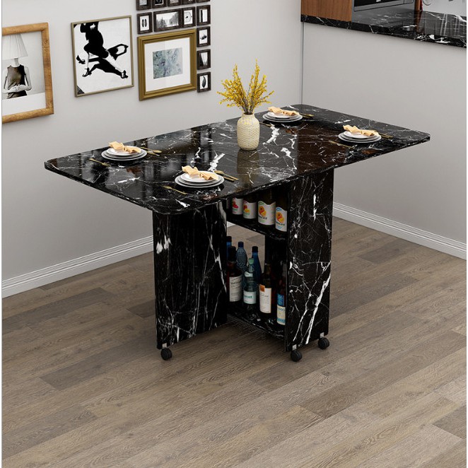 [ẢNH THẬT] Bàn ăn gỗ gấp gọn, Bàn ăn gỗ mặt vân đá có bánh xe dễ di chuyển | BigBuy360 - bigbuy360.vn