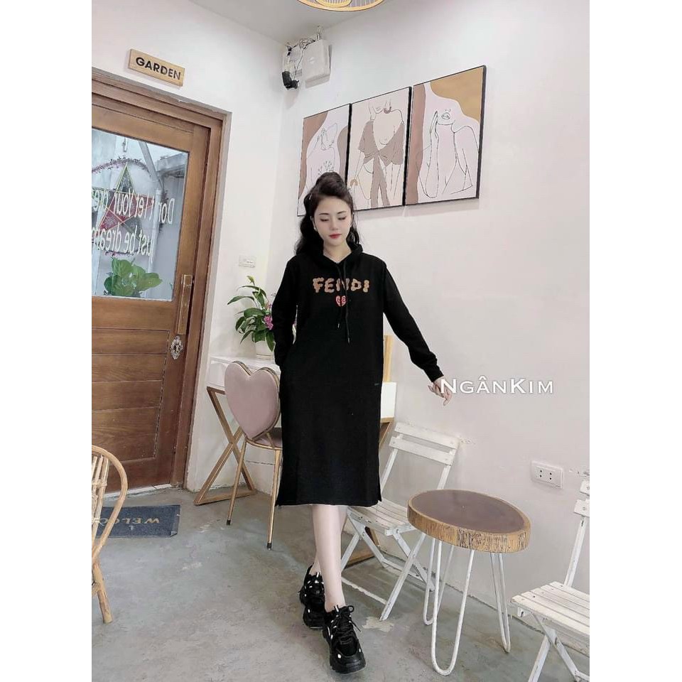 đầm suông dài tay nữ có mũ in chữ fenddy nhiều màu xinh xắn | BigBuy360 - bigbuy360.vn