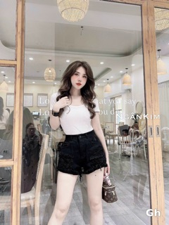 Quần short bò rách cạp cao