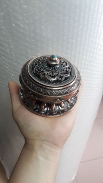 Lư xông trầm, đỉnh đồng mật tông khắc bát bảo cát tường lớn 9.5x7cm