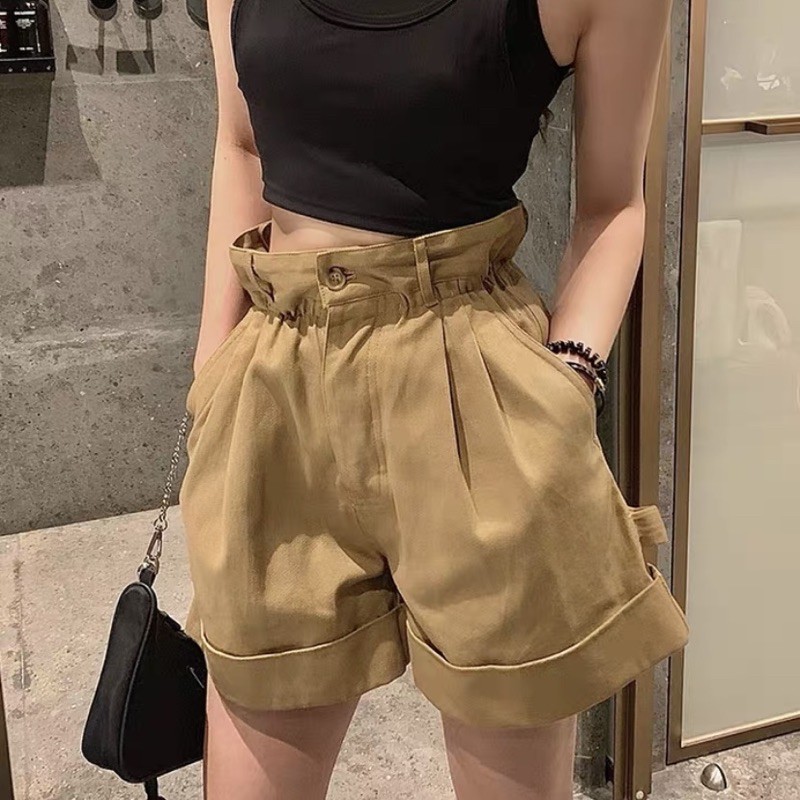 Quần short vải lưng thun line gập hai màu hình thật trải sàn