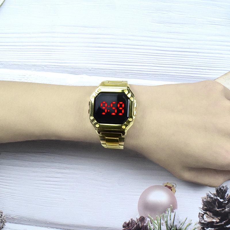 Đồng Hồ LED Dây Thép Mặt Vuông Thời Trang Cho Nam Nữ