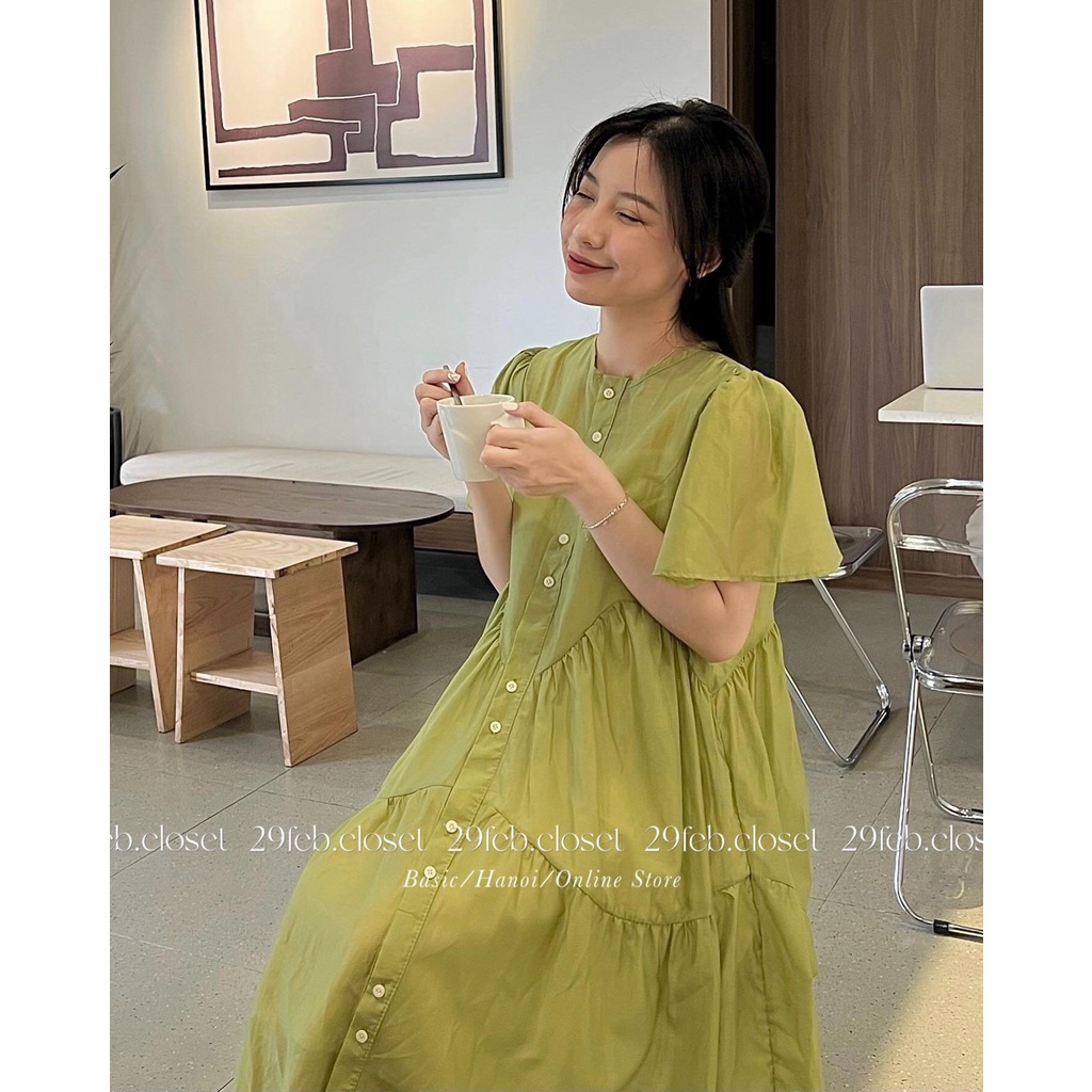 Váy Tơ bèo Tầng Babydoll Maxi Điệu Đà 2 Lớp - Xanh bơ/ Hồng